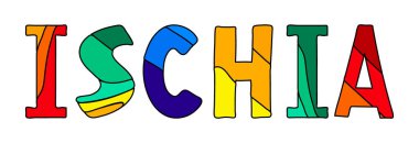 Ischia - çok renkli komik çizgi film karikatürü izole edilmiş. Posterler, afişler, el ilanları, kartlar, hatıralar ve giysilerdeki baskılar için. Ischia İtalya 'da bir volkanik adadır. Gökkuşağı renkleri. Stok resmi.