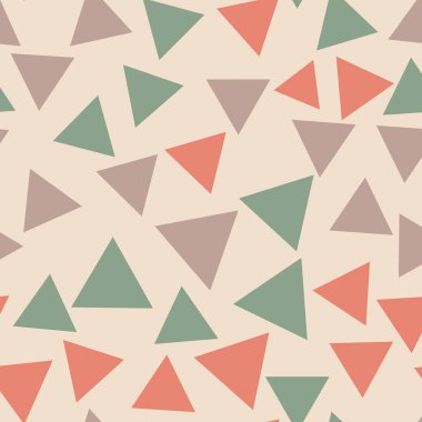 Üçgenler, geometrik kusursuz desen. Yumuşak renkler. Kahverengi, kırmızı, yeşil kaotik üçgenler bej arka planda. Yazdırma, rulo, kağıt, zar, kumaş, hediye vs. için soyutlama.