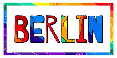 Berlin. Çerçevede çok renkli komik karikatür yazıları var. Berlin Almanya 'nın başkentidir. Afişler, posterler, hediyelik eşya ve giysi baskıları, tişörtler için. Düzenlenebilir telif hakkı vektör resmi.