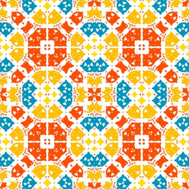 Fas fayansı, kusursuz bir süs. El çizimi - kırmızı, turuncu, mavi renkler, beyaz arka plan. Banyoda ya da mutfakta zemin ya da duvarlar. Geçmişi, dokusu, ambalajsız ambalajı, hediye kağıdı, süprizli kutular, kumaş, tekstil. Vektör resmi.