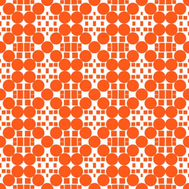 Süslü püslü, pürüzsüz desenli. Turuncu daireler, dikdörtgenler, beyaz arka plan. Şekiller fayanslarda serili. Doku, ambalaj için kusursuz desen, hediye kağıdı, süprizli kutular, kumaş, tekstil, web sitesi unsurları, uygulamalar. Vektör resmi.