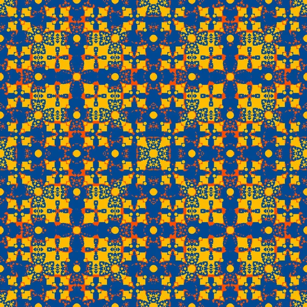 Adorno Abstracto Patrón Sin Costuras Formas Amarillas Naranjas Fondo Azul — Vector de stock