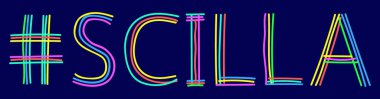 Scilla hashtag - karalama harflerini keçeli kalem, kalem gibi çok renkli kıvrımlı çizgilerden ayır. Pankart, el ilanı, kart, hatıra, parmak izi, giysi, tişört. Scilla - İtalya 'da tatil köyü.