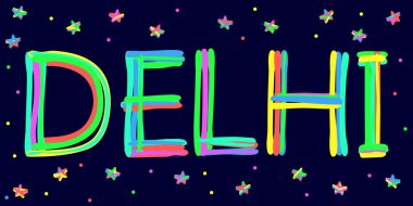 Delhi - keçeli kalem, azı dişi fırçası gibi çok renkli kıvrımlı çizgilerden karalama harflerini ayır. Sancak, el ilanı, kart, hatıra, parmak izi, giysi ve tişört için Delhi. Stok resmi.