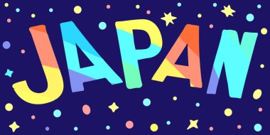 Japonya - mavi arkaplanda uzay gibi yıldızlarla birlikte çok renkli komik yazıtlar. Çocuk çizgi filmi tarzı. Japonya 'da afişler, afişler, el ilanları, kartlar ve kıyafet baskıları var. Japonya Doğu Asya 'da bir ülkedir. Stok resmi.
