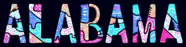 Alabama 'da. Çok renkli karalamalar, parlak yazıtları izole eder. Düzenli eğri harfler. ABD Alabama 'da baskı, giysi, tişört, hatıra, pankart, ilan, reklam için. Stok vektör resmi.