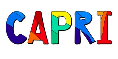 Capri, renkli komik çizgi film izole edilmiş. Posterler, afişler, el ilanları, kartlar, hediyelik eşyalar ve tişörtler için. Capri İtalya 'da bir ada ve tatil beldesidir. Stok resmi.