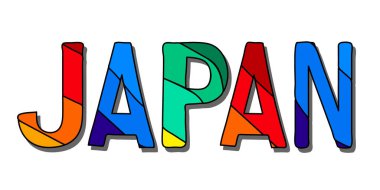 Japonya - çok renkli komik karikatür izole edilmiş. Çocuk çizgi filmi tarzı. Japonya Asya ülkesidir. Pankartlar, posterler, giysilerdeki eşyalar ve tişörtler için. Stok resmi.