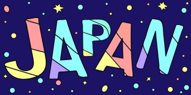 Japonya - mavi arkaplanda uzay gibi yıldızlarla birlikte çok renkli komik yazıtlar. Çocuk çizgi filmi tarzı. Posterler, afişler, el ilanları, kartlar ve tişörtler için. Stok resmi. Japonya Asya ülkesidir..