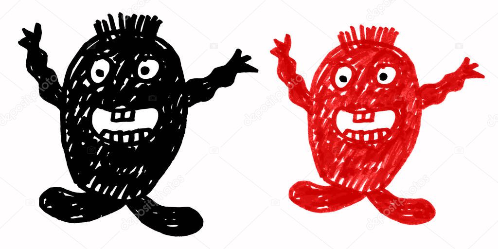 Child's doodle hand drawing. Monster with two hands and legs. The picture is shaded with a felt tip pen. Cute monsters for banners, posters and prints on clothing, t-shirts. Stock picture.
