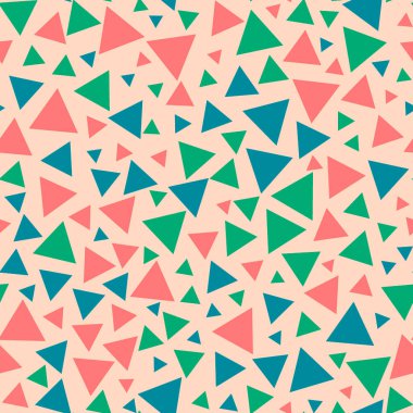 Üçgenler, geometrik kusursuz desen. Mavi, yeşil, pembe kaotik üçgenler. Özgeçmişi yok. Yumuşak renkler. Yazdırma, rulo, kağıt, zar, kumaş, hediye vs. için geometrik kusursuz arkaplan.