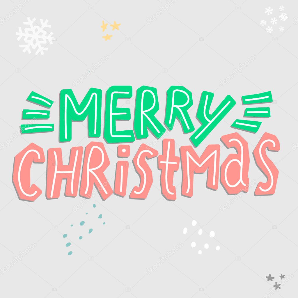 Merry Christmas. Hand drawn vector lettering and elements. Xmas wish with shades drawing. Handwritten funny soft color calligraphy. Winter holidays greeting card and clothing design. Merry Christmas for print on clothing, t-shirt, banner, souvenir.