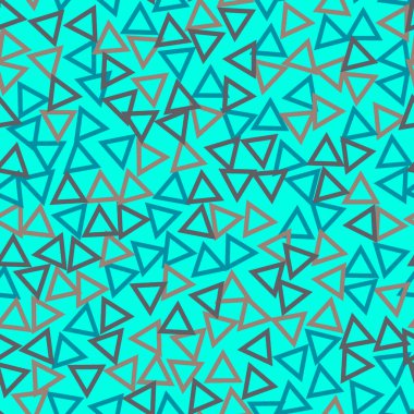 Boş üçgenler, kusursuz desenler. Kahverengi, gri, mavi üçgenler ve turkuaz arka plan. Ambalajlar, kumaşlar, banyodaki veya mutfaktaki zemin veya duvarlar; masa örtüsü, kağıt.