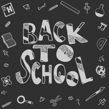 Okula dönüyorum. Güzel yazıtlar ve okul malzemeleri. El çizimi harfler. Gri tonlama tahtadaki tebeşir gibi çiziyor. 1 Eylül, çocukların okula, öğrencilerin üniversiteye gittiği gün..