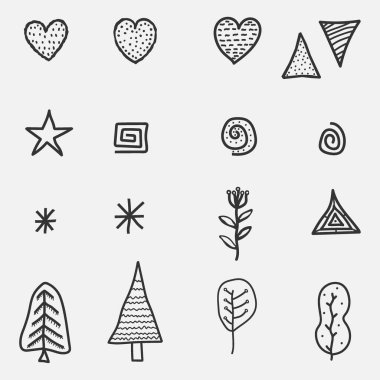 Scandi karalama elementleri. İç dekorasyon için İskandinav tasarımı, baskı posterleri, büyük kart, işyeri afişi, modern İskandinav tarzında vektör kümesiyle sarma.