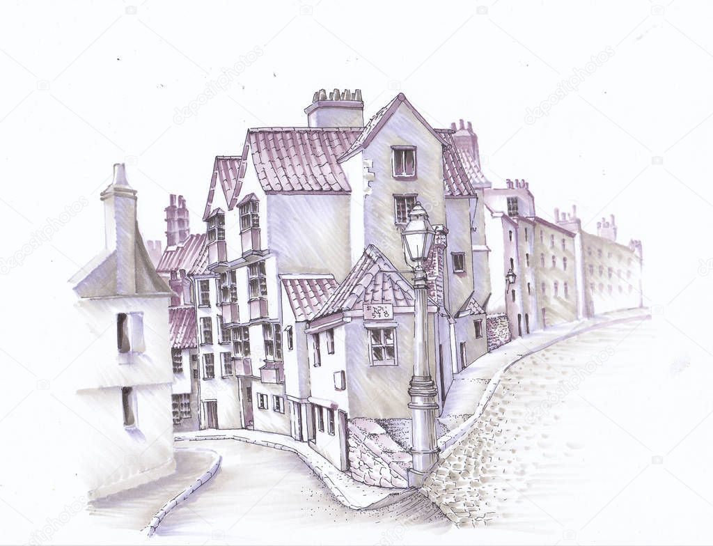 An ancient street of England. Urban Sketch.