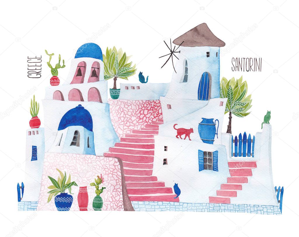 Santorini. The street is stylized as a children's illustration.