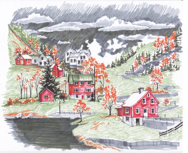 Evler ve tepeler Norveç fiyordu yakın. Veri işaretleyicilerini kroki.