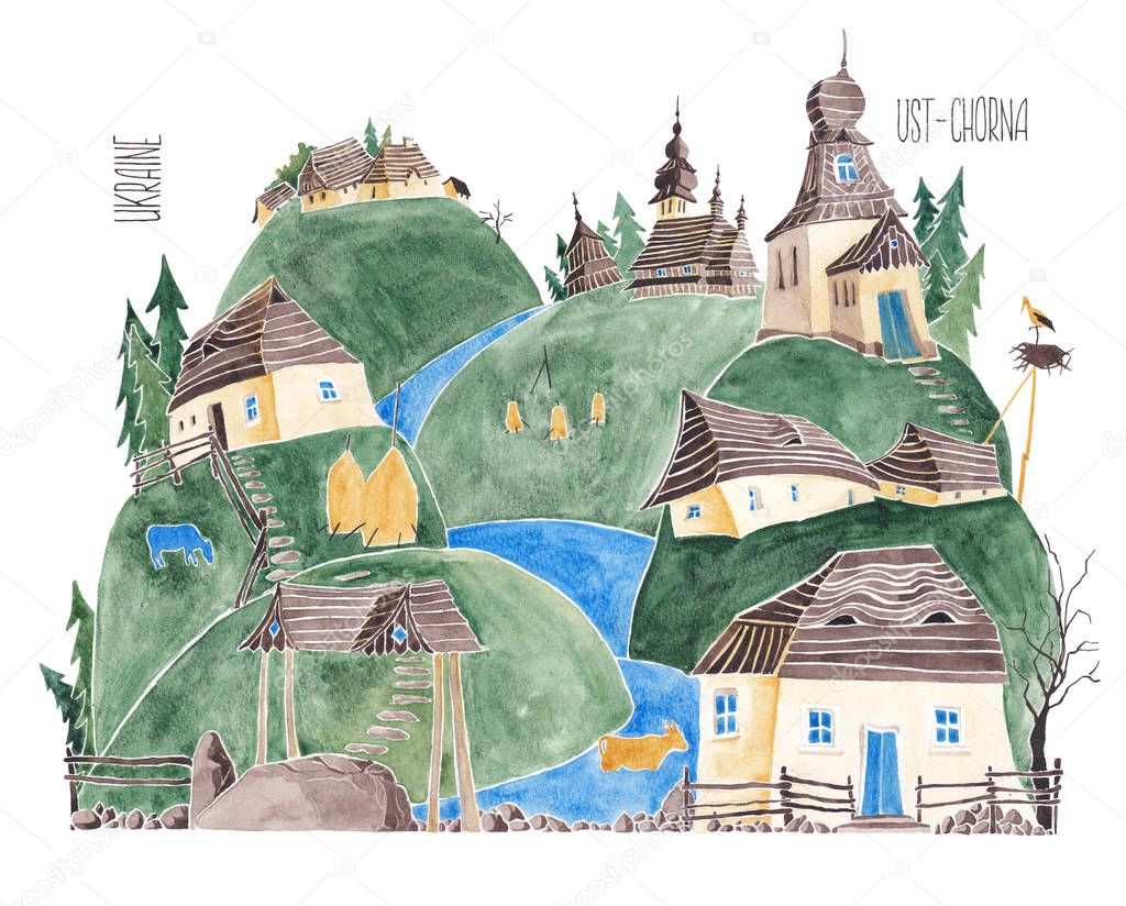 Ukrainian Carpathians. Stylized village. An illustration of a watercolor.