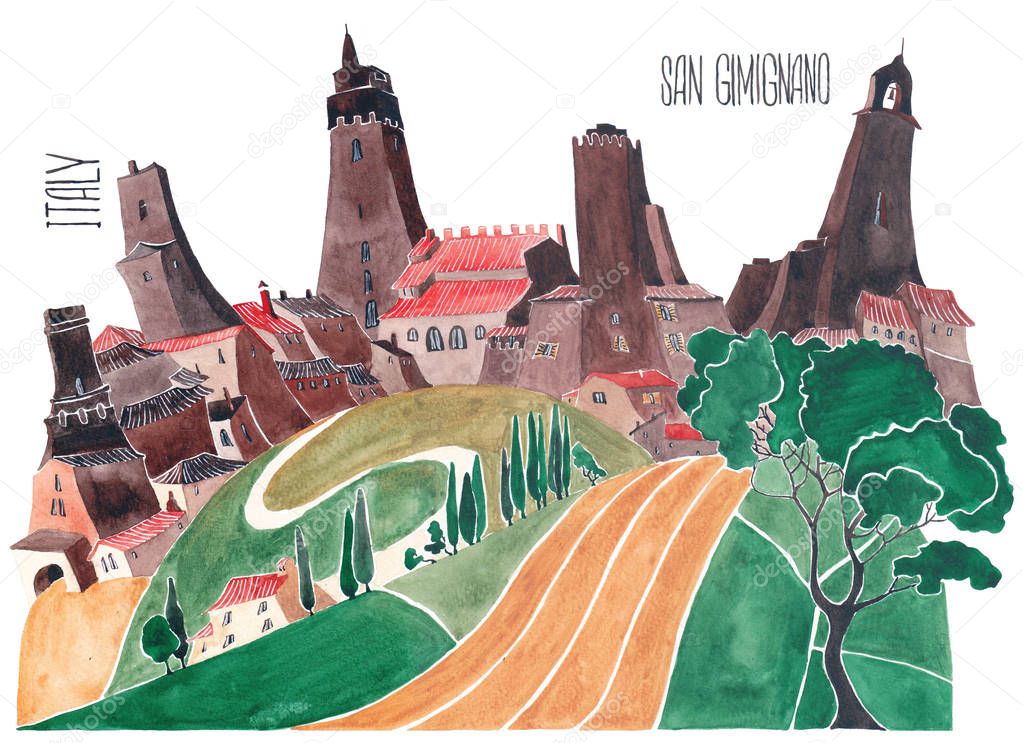 Hills of Tuscany. Stylized nature and architecture of Italy. An illustration of a watercolor.
