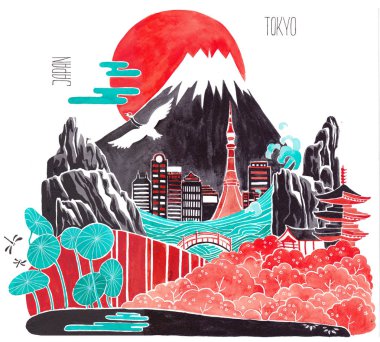 Stilize Japonya. Tokyo. Suluboya kroki.