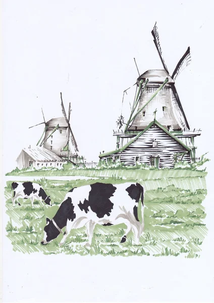 Grazing Cows Landscape Windmills Sketch Markers — Stock Photo, Image