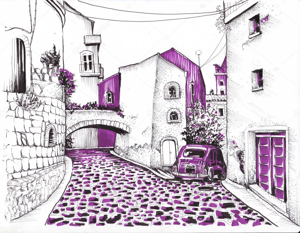 A narrow street of southern Europe with a stone road and small houses. Sketch.