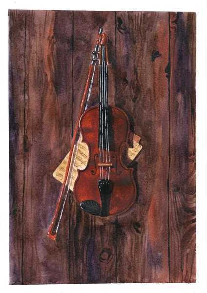 Violin and notes on wooden boards. Watercolor illustration.