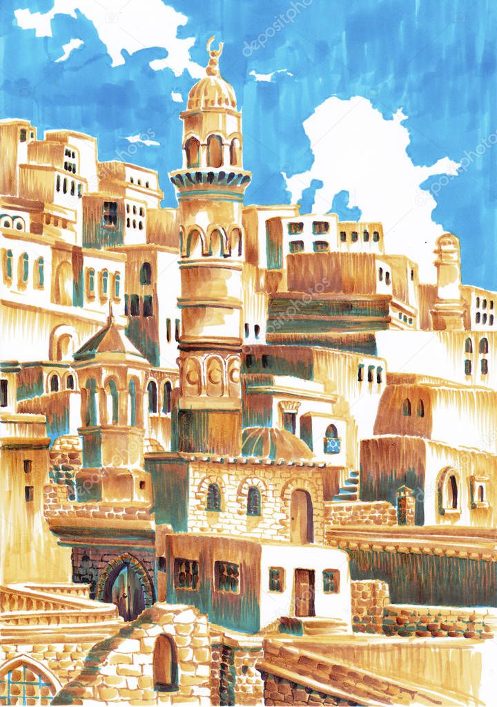 Eastern architecture. Houses and mosques on a sunny slope. Stylized sketch markers.