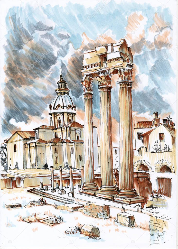 The remains of the ancient city. Sketch markers.