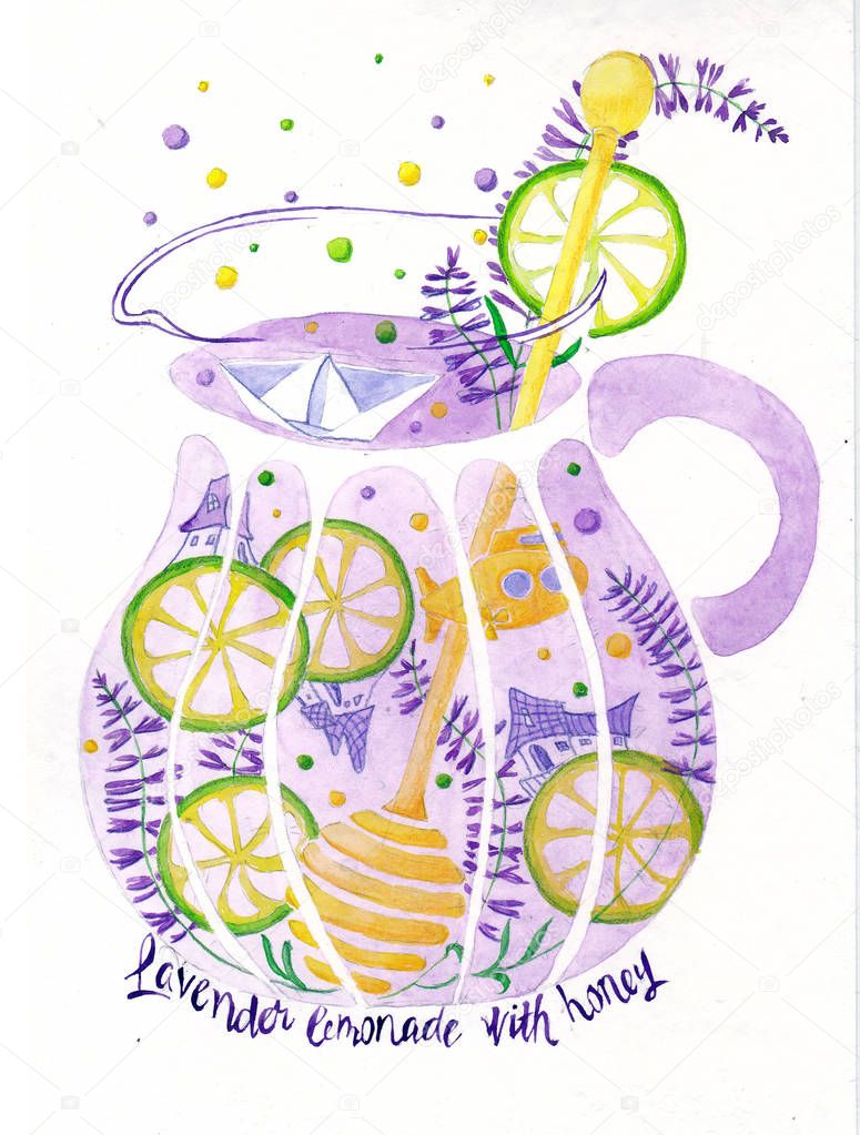 Lemonade world in a jug. Lavender lemonade watercolor.
