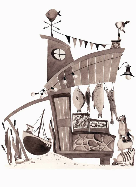 Fish Shop Showcase with a fresh catch and wanting to eat them. Monochrome watercolor drawing. — Stock Image Fish Shop Showcase Fresh Catch Wanting Eat Them Monochrome Watercolor Stock Photo
