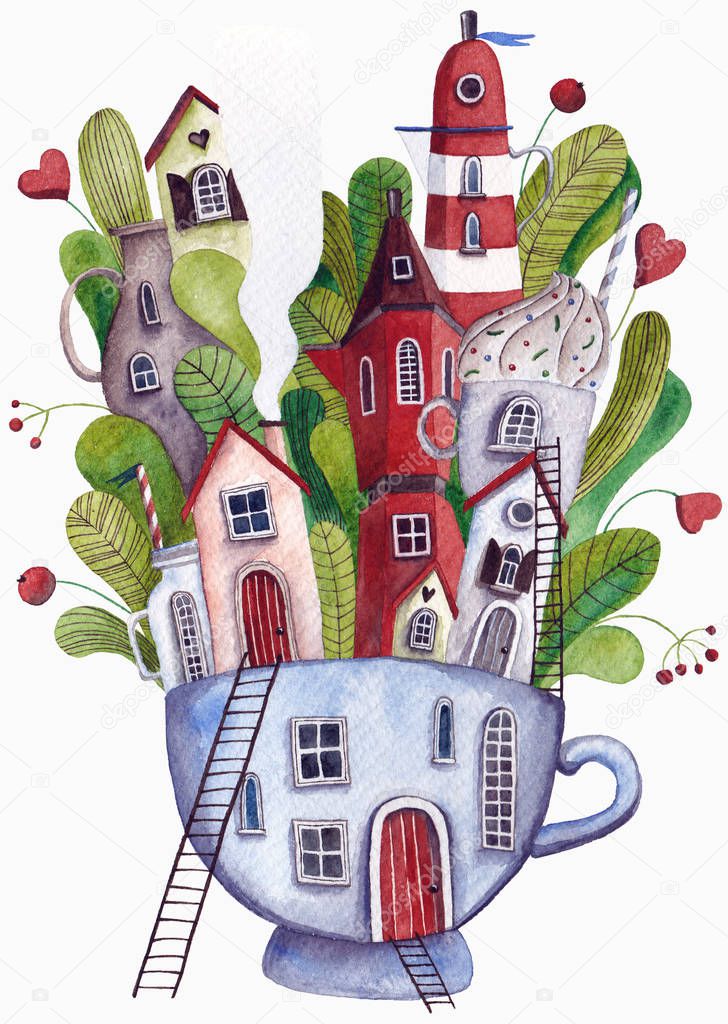 Fantasy city. Houses in the cup. Watercolor.