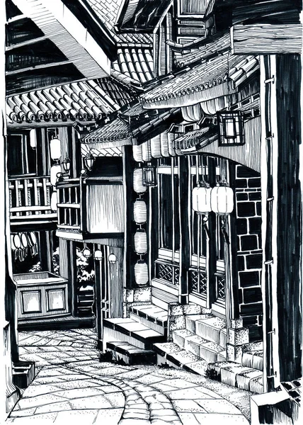 Chinese street with ancient architecture. Ink Sketches.