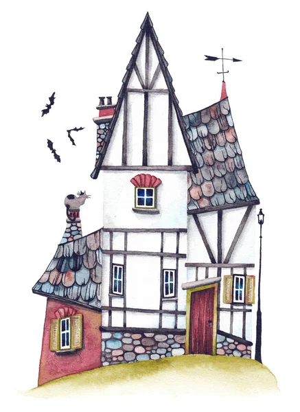 A cute European house with a tiled roof. Watercolor house on a white background.