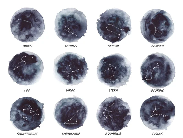 Sinais Zodíaco Constelações Fundo Aquarela — Fotografia de Stock