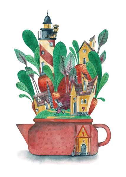 Town in the teapot. Fantasy houses and residents. Watercolor illustration.