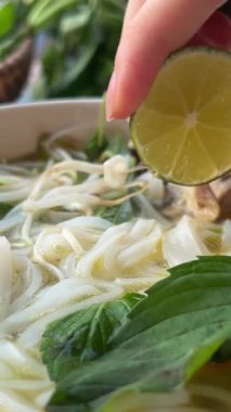 Lezzetli Vietnam Pho Erişte Çorbası Taze bitkiler ve limonla. Yüksek kalite 4k görüntü