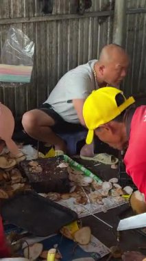 Vietnamlılar hindistan cevizi kesiyor. Hindistan cevizi içecekleri seri üretimi. Hızlı nakliyat.