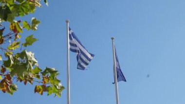 4k 60 fps Yunan bayrağı rüzgarda gururla dalgalanır. Yüksek kalite 4k görüntü