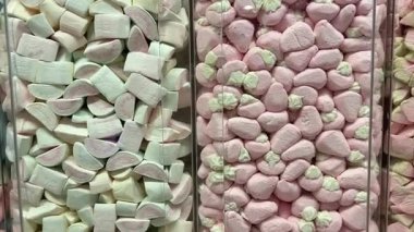 Barcelona 'nın ünlü marketi Mercat de la Boqueria' da canlı bir şekerleme, lokum ve şekerleme gösterisi. Renkli ikramların çeşitliliği turistleri ve yerlileri cezbediyor. Yüksek kalite 4k