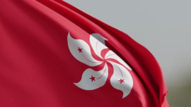 Hong Kong Özel İdari Bölgesi 'nin canlı kırmızı bayrağı. Beyaz Bauhinia Blakeana çiçeğinin beş kırmızı yıldızı var. Rüzgarda hafifçe dalgalanır.