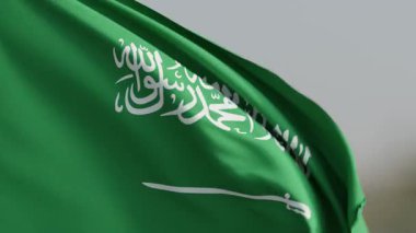 Suudi Arabistan 'ın ikonik beyaz Shahada' sı ve kılıç tasarımı rüzgarda zarif bir şekilde dalgalanan yeşil bayrağı zengin mirası ve inancı temsil ediyor.