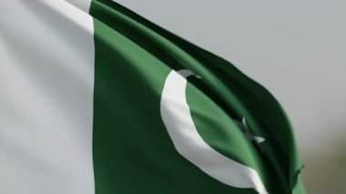 Pakistan ulusal bayrağına yakın, beyaz hilal ve yıldızlı yeşil bir alan, dikey beyaz bir şeridin yanında, yavaşça dalgalanıyor.