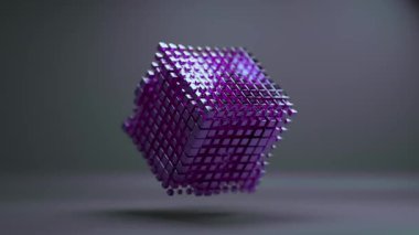 Işıldayan mor ses elementleri fütüristik bir küp oluşturur, karanlık, soyut bir arkaplana karşı titreşir ve kayar, dinamik bir görsel etki yaratır.