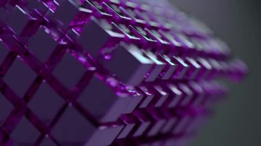 Titreyen mor küpler dinamik bir şekilde dalgalanan bir desen içinde hareket ederek, geleceksel, teknolojik estetik ve soyut bir dijital manzara oluştururlar.