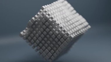 Daha küçük beyaz bloklardan oluşan bir diziden inşa edilmiş karmaşık üç boyutlu bir kübün yumuşak gri bir arkaplana karşı dinamik olarak yüzeyini karmaşık ve büyüleyici bir hareketle değiştirmesini izleyin.