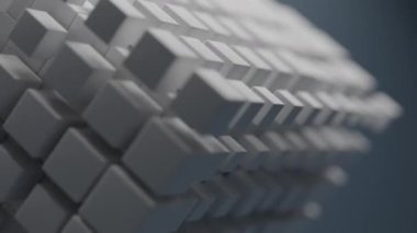 Beyaz kübik şekillerin hareketli soyut bileşimi dinamik olarak genişliyor ve uzaklaşıyor, sessiz bir arkaplana karşı büyüleyici bir şekil yaratıyor