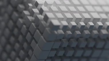 Beyaz ve gri küplerden oluşan karmaşık bir dizi içeren dijital animasyon dinamik bir şekilde yer değiştiriyor ve yüzey boyunca büyüleyici bir dalga etkisi yaratıyor.