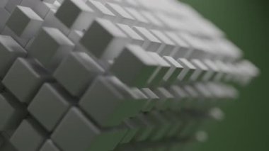 Beyaz küplerin bir ızgarada genişlemesi ve geri çekilmesi dinamik animasyon, yeşil arkaplan ve sığ alan derinliği ile soyut geometrik desen oluşturur